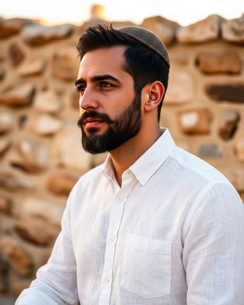 Eitan in a white linen shirt against a stone wall