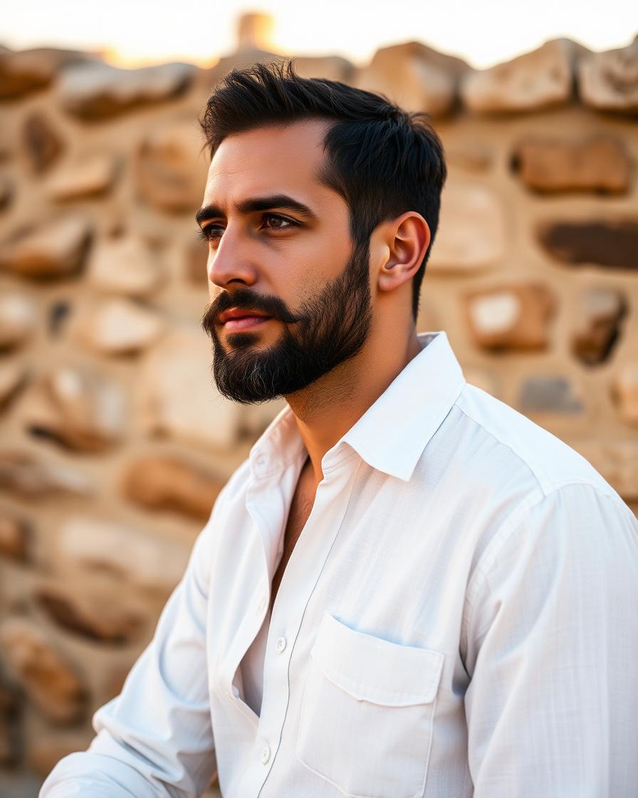 Eitan in a white linen shirt against a stone wall
